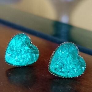 Druzy turquoise heart stud earrings, 13mm. ***Two for $15***